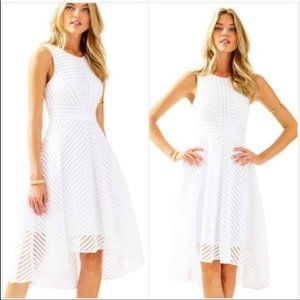 Lilly Pulitzer TILLY MIDI FIT FLARE DRESS Resort White Crochet Knit Stripe Sz L